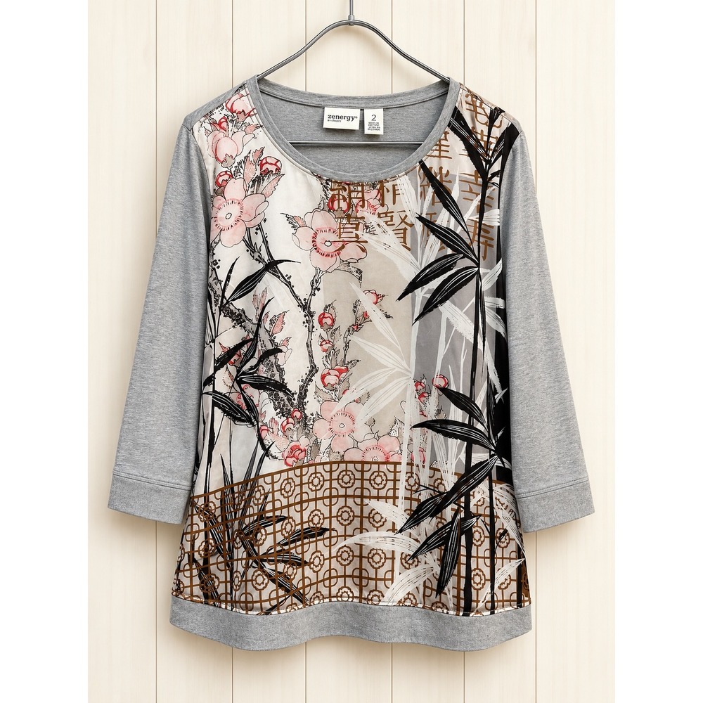 Zenergy by Chicos Womens Gray Floral Bamboo Mixed Media Top Size 2 L 3/4 Sleeve
